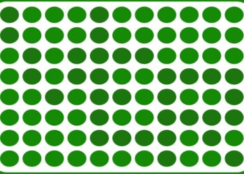 Ilusão de ótica com círculos verdes organizados em uma grade regular sobre fundo branco e borda arredondada verde.