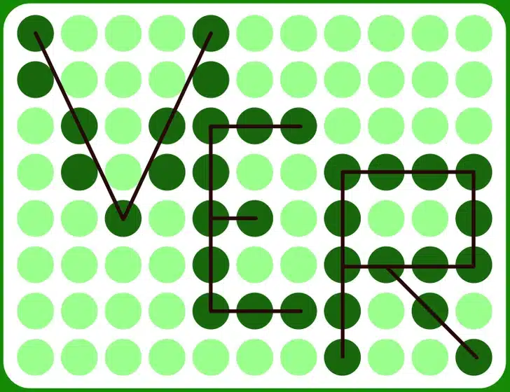 Encontre a palavra VER neste padrão de círculos verdes em grade regular Ilusão de ótica com círculos verdes organizados em uma grade regular sobre fundo branco e borda arredondada verde.
