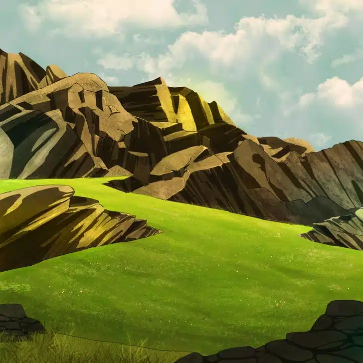 Ache o leão camuflado nas montanhas rochosas iluminadas pelo sol, com um campo verde. Ilusão de ótica com montanhas rochosas ao fundo com gramado verde e céu azul com algumas nuvens brancas.