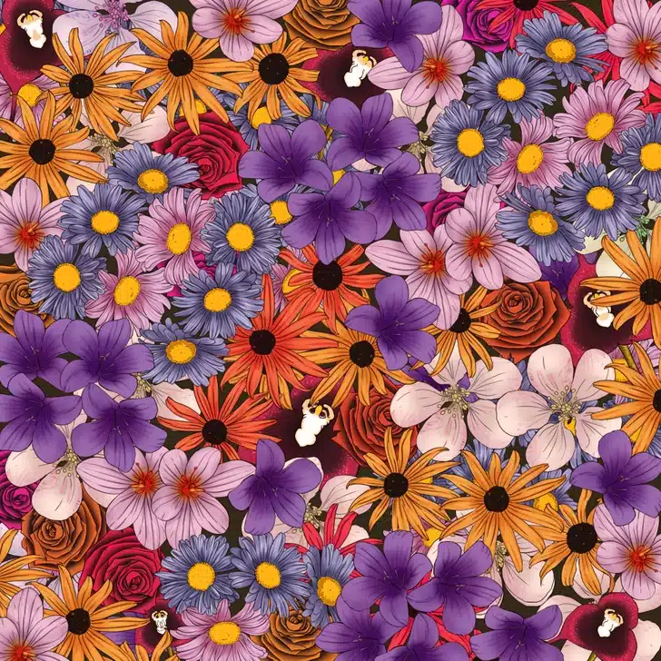 Encontre o macaco camuflado nesta estampa floral com flores variadas. Ilusão de ótica com uma estampa detalhada com flores roxas, laranjas, rosas, lilases e amarelas sobre fundo escuro