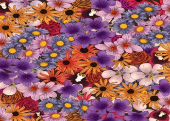 Ilusão de ótica com uma estampa detalhada com flores roxas, laranjas, rosas, lilases e amarelas sobre fundo escuro