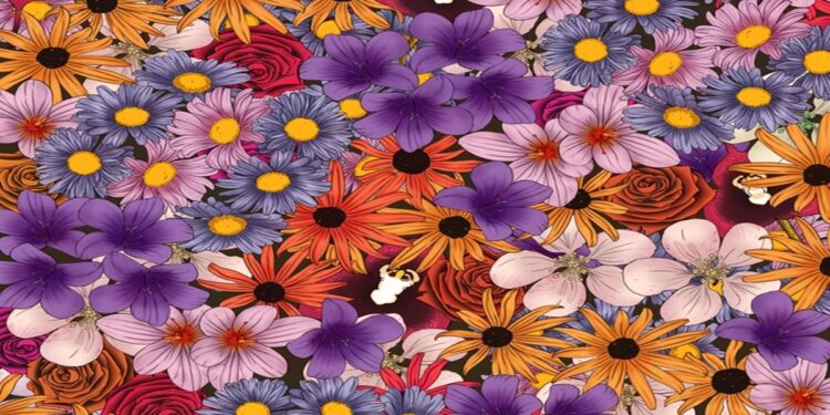 Ilusão de ótica com uma estampa detalhada com flores roxas, laranjas, rosas, lilases e amarelas sobre fundo escuro