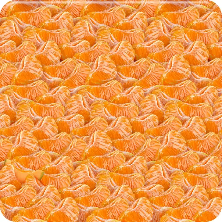 Encontre o melão escondido entre vários gomos de tangerina descascados. Ilusão de ótica com gomos de tangerina descascados, exibindo textura e coloração laranja.