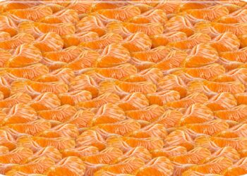 Ilusão de ótica com gomos de tangerina descascados, exibindo textura e coloração laranja.