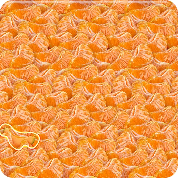 Encontre o melão escondido entre os gomos de tangerina. Ilusão de ótica com gomos de tangerina descascados, exibindo textura e coloração laranja.