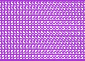 Ilusão de ótica com um fundo roxo repleto de números 5 brancos e um número 9 escondido entre eles.