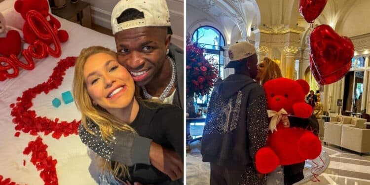 Virginia Fonseca e Vini Jr. abraçados, em frente a uma cama decorada com pétalas de rosa e balões, marcando a confirmação do romance entre a influenciadora e o jogador de futebol.