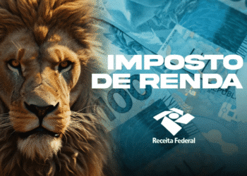 O leão, símbolo do Imposto de Renda e da Receita Federal, sobre notas de dinheiro, indicando a restituição de valores.