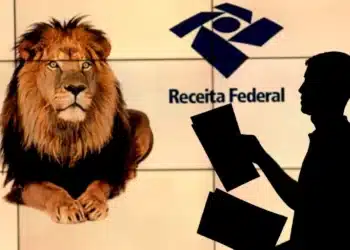 Imagem de um leão e o logo da Receita Federal, simbolizando o pagamento do quinto lote de restituição do Imposto de Renda.