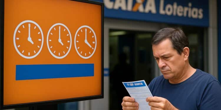 Homem em frente à Caixa Lotérica verificando os novos horários.