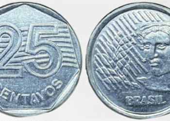 Anverso e reverso da moeda de 25 centavos da segunda família do Real (com o rosto de Deodoro da Fonseca), para comparação na identificação da rara "moeda mula" da primeira família.