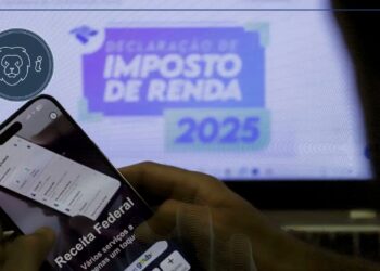 Pessoa acessando o site da Receita Federal pelo celular com tela ao fundo sobre a Declaração do Imposto de Renda 2025.
