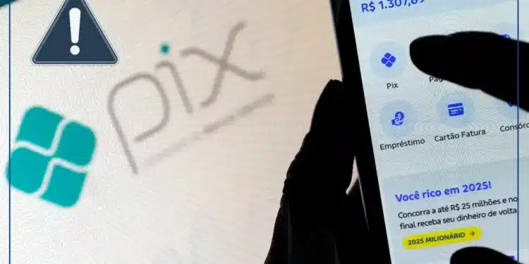 Imagem do aplicativo Pix mostrando a nova funcionalidade de contestação de transações, com destaque para o botão Pix e saldo disponível.