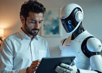 Homem de camisa branca interagindo com tablet enquanto robô futurista observa