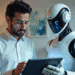 Homem de camisa branca interagindo com tablet enquanto robô futurista observa