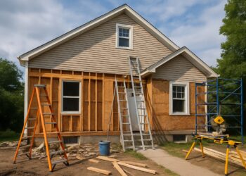 Casa em reforma com nova fachada sendo instalada, mostrando andaimes, escadas e ferramentas de obra.