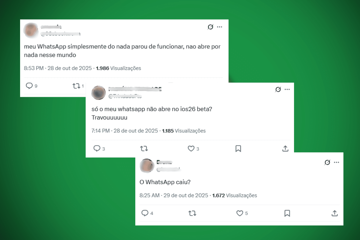 Falhas wpp Prints de tweets em português mostrando reclamações de usuários sobre WhatsApp que não abre ou travou no iOS 26 beta.