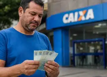 Homem confere cédulas de real em frente a uma agência da Caixa, representando a solicitação do saque do FGTS até 22 de julho.
