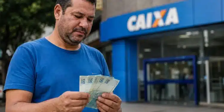 Homem confere cédulas de real em frente a uma agência da Caixa, representando a solicitação do saque do FGTS até 22 de julho.
