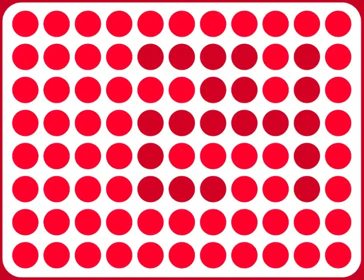 Encontre o número 24 nesta Ilusão de ótica com círculos vermelhos claros e escuros. Teste de QI com padrão de círculos vermelhos claros e escuros formando uma ilusão óptica em fundo branco