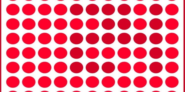 Teste de QI com padrão de círculos vermelhos claros e escuros formando uma ilusão óptica em fundo branco