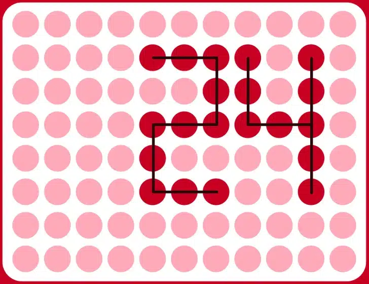 Encontre o número 24 nesta ilusão de ótica com círculos vermelhos e padrão visual Teste de QI com padrão de círculos vermelhos claros e escuros formando uma ilusão óptica em fundo branco