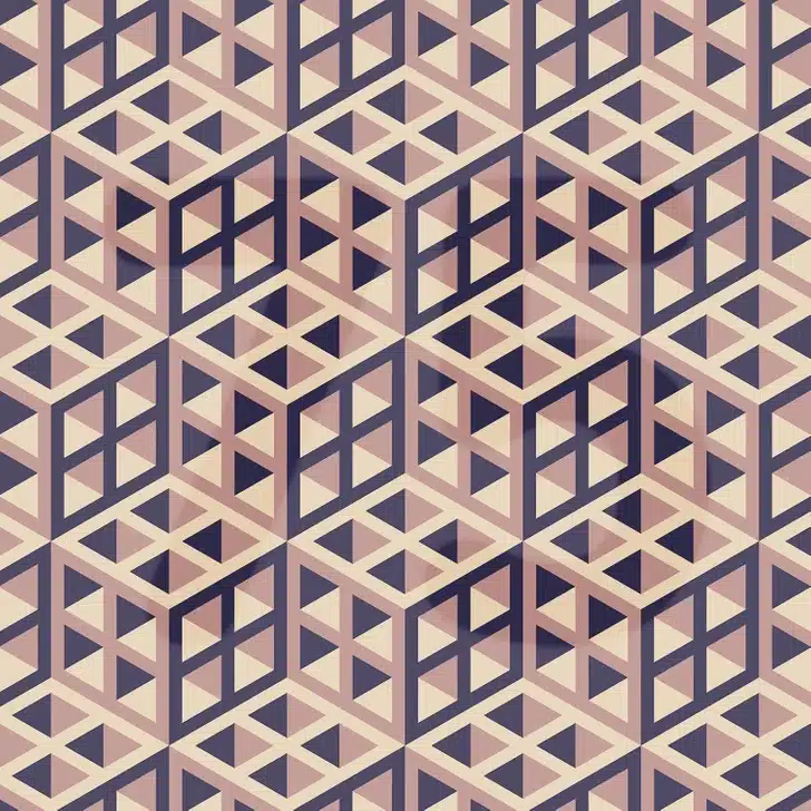 Encontre o número 75 neste padrão 3D geométrico em cores que criam profundidade e textura visual. Teste de QI com um padrão geométrico repetitivo tridimensional em tons pastel de rosa, bege e roxo com formas cônicas e prismas.