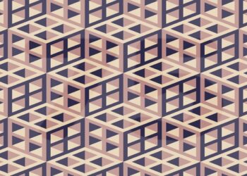Teste de QI com um padrão geométrico repetitivo tridimensional em tons pastel de rosa, bege e roxo com formas cônicas e prismas.