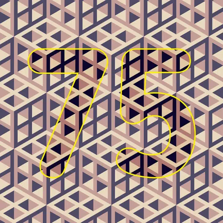 Encontre o número 75 neste padrão geométrico 3D em tons pastel Teste de QI com um padrão geométrico repetitivo tridimensional em tons pastel de rosa, bege e roxo com formas cônicas e prismas.