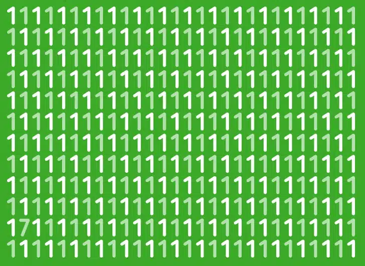 Ilusão de ótica: localize o número 17 escondido entre os números 1 em um fundo verde. Teste de QI com fundo verde e vários números 1 brancos e um número 7 escondido entre eles