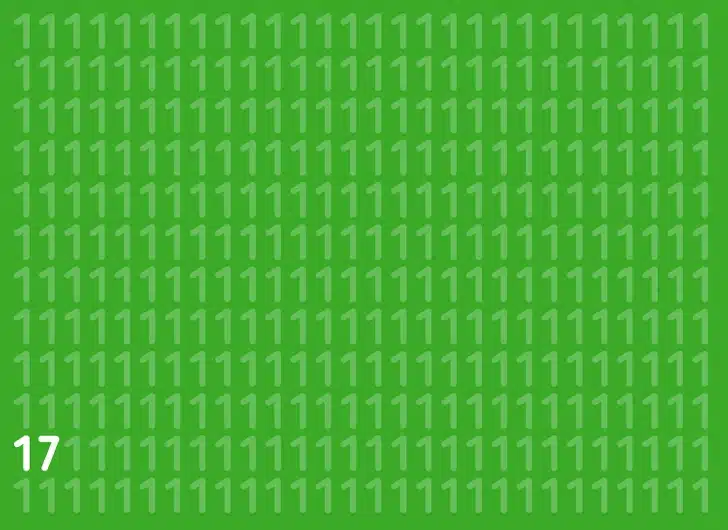 Encontre o número 17 oculto na imagem Teste de QI com fundo verde e vários números 1 brancos e um número 7 escondido entre eles