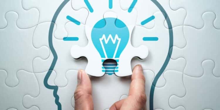 Imagem representando a ideia de raciocínio lógico com um quebra-cabeça e uma lâmpada como símbolo de solução e criatividade.
