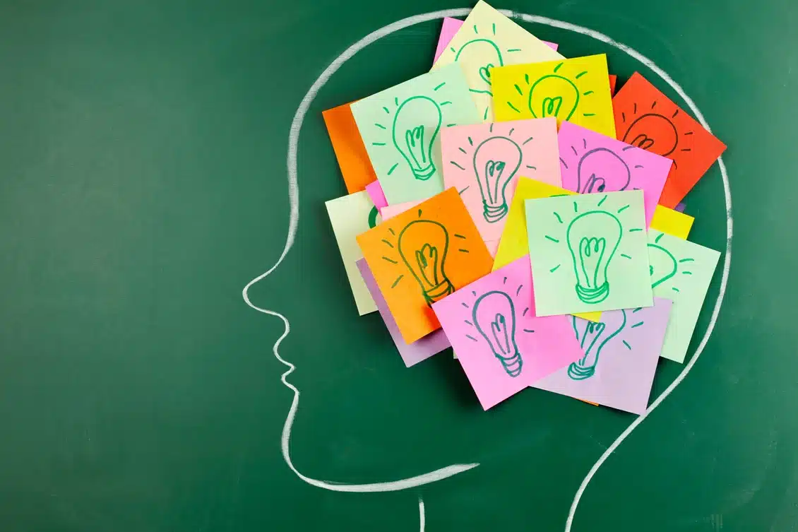 Raciocínio Lógico - fluxo de ideias. Imagem ilustrativa de raciocínio lógico, com post-its coloridos e lâmpadas, simbolizando ideias e conexões cognitivas.