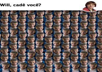 Teste visual com um padrão repetitivo do rosto sério do personagem Will com texto "Will, cadê você?" e rosto de menina no canto superior direito