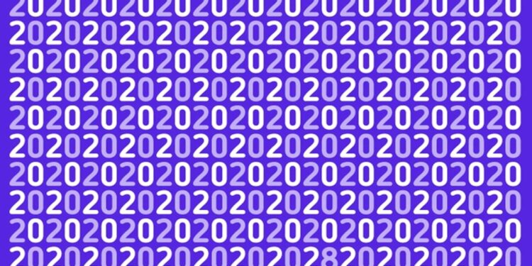 Teste visual com um padrão repetido do número 2 e 0 em azul e roxo com fundo azul escuro