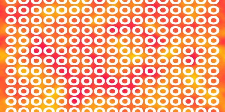 Teste visual com um padrão repetitivo de círculos brancos sobre fundo degradê que vai do amarelo ao vermelho quente