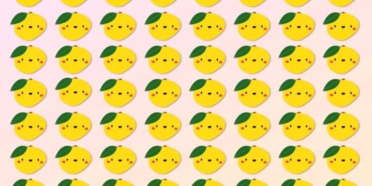 Teste visual com vários limões amarelos com folhas e rostos sorridentes sobre fundo rosa