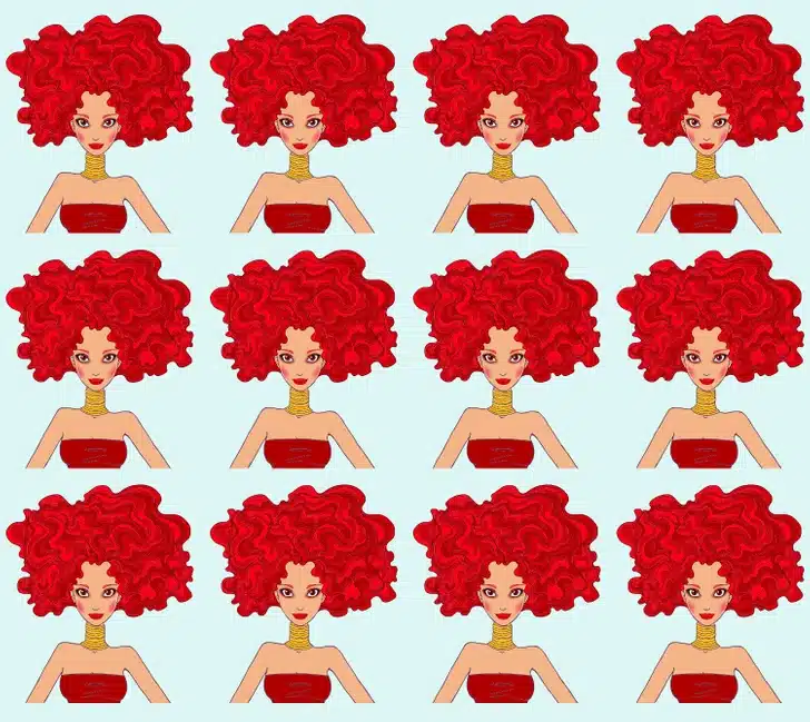 Identifique qual é a mulher diferente entre as mulheres com cabelos vermelhos volumosos. Teste visual com uma ilustração de doze rostos femininos com cabelo vermelho cacheado e volumoso.