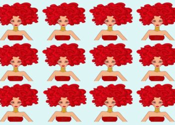 Teste visual com uma ilustração de doze rostos femininos com cabelo vermelho cacheado e volumoso.