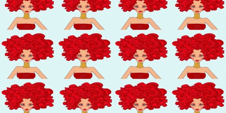 Teste visual com uma ilustração de doze rostos femininos com cabelo vermelho cacheado e volumoso.