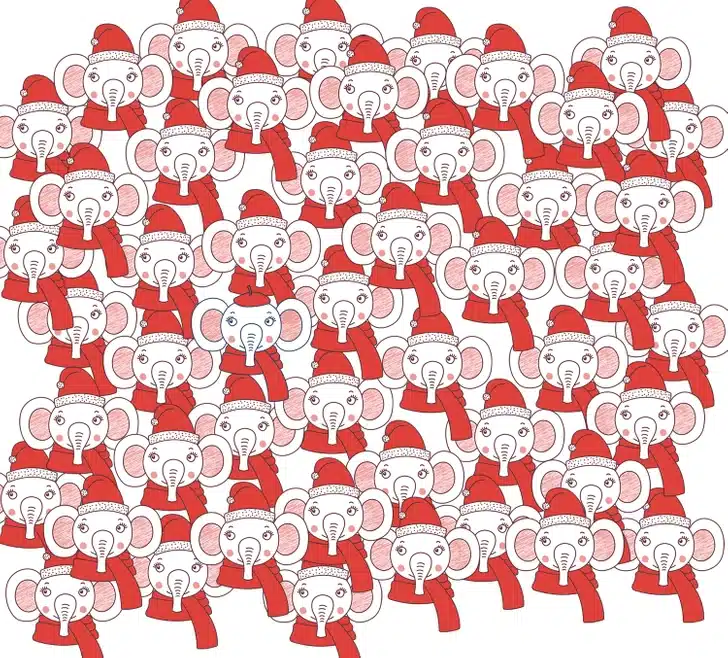 Desafio visual com vários elefantes natalinos iguais e um elefante com uma boina. Teste visual com um grupo de elefantes desenhados com gorros e cachecóis vermelhos.