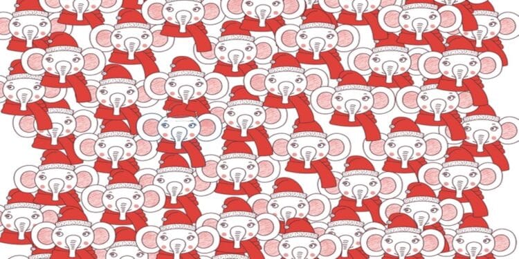 Teste visual com um grupo de elefantes desenhados com gorros e cachecóis vermelhos.