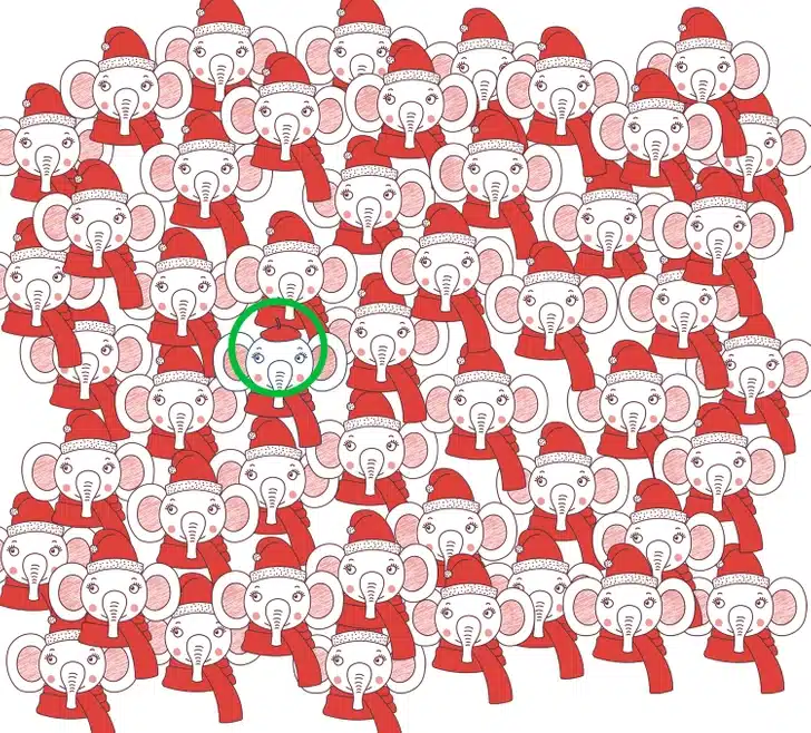 Encontre um elefante com boina entre os elefantes natalinos. Teste visual com um grupo de elefantes desenhados com gorros e cachecóis vermelhos.