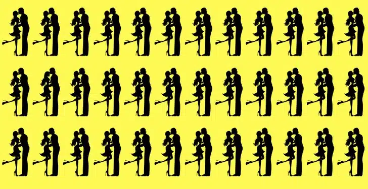 Teste visual com silhuetas pretas de casal apaixonado repetidas em fundo amarelo