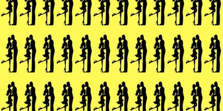 Teste visual com silhuetas pretas de casal apaixonado repetidas em fundo amarelo