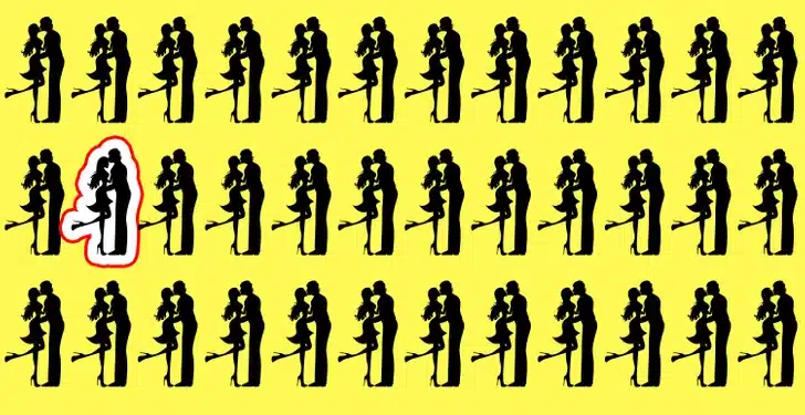 Teste visual com silhuetas pretas de casal apaixonado repetidas em fundo amarelo