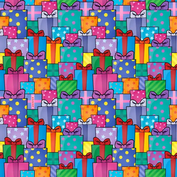 Encontre o doce camuflado entre várias caixas de presente com diferentes cores e laços. Teste visual com um padrão colorido com caixas de presente decoradas com laços e diferentes estampas