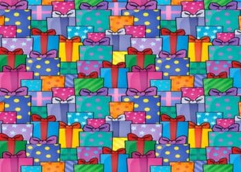 Teste visual com um padrão colorido com caixas de presente decoradas com laços e diferentes estampas