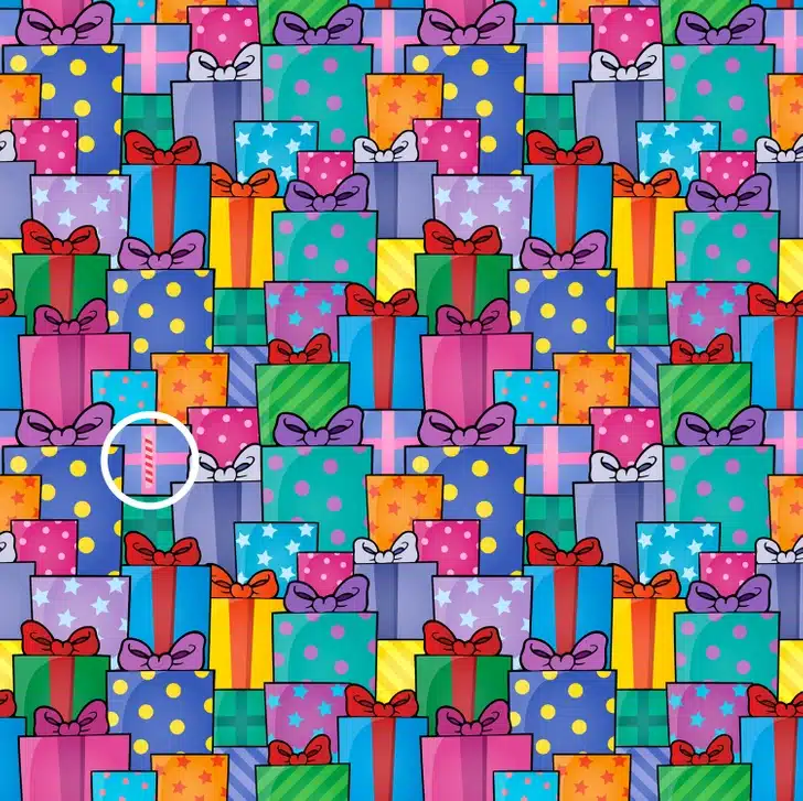 Encontre o doce escondido entre os presentes de aniversário variados Teste visual com um padrão colorido com caixas de presente decoradas com laços e diferentes estampas