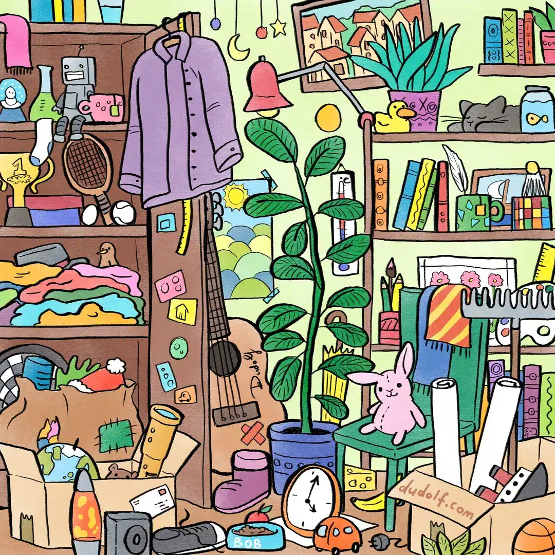 Teste visual de um quarto desorganizado com roupas espalhadas, plantas, brinquedos, instrumentos musicais e vários outros objetos.